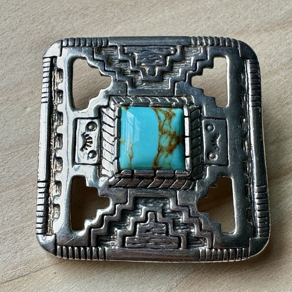 VTG Carol Felley Brooch Pin 1.5 Inch Turquoise Southwestern 925 Sterling 26.4g‎